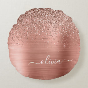 Brushed Metal Rose Gold Pink Glitter Monogram Round Cushion