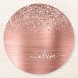 Brushed Metal Rose Gold Pink Glitter Monogram Round Paper Coaster<br><div class="desc">Rose Gold - Blush Pink Faux Foil Metallic Sparkle Glitter Brushed Metal Monogram Name Paper Coasters. This makes the perfect graduation,  birthday,  wedding,  bridal shower,  anniversary,  baby shower or bachelorette party gift for someone that loves glam luxury and chic styles.</div>