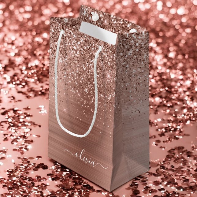Brushed Metal Rose Gold Pink Glitter Monogram Small Gift Bag (Creator Uploaded)