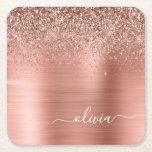 Brushed Metal Rose Gold Pink Glitter Monogram Square Paper Coaster<br><div class="desc">Rose Gold - Blush Pink Faux Foil Metallic Sparkle Glitter Brushed Metal Monogram Name Paper Coasters. This makes the perfect graduation,  birthday,  wedding,  bridal shower,  anniversary,  baby shower or bachelorette party gift for someone that loves glam luxury and chic styles.</div>