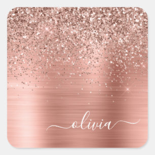 Brushed Metal Rose Gold Pink Glitter Monogram Square Sticker