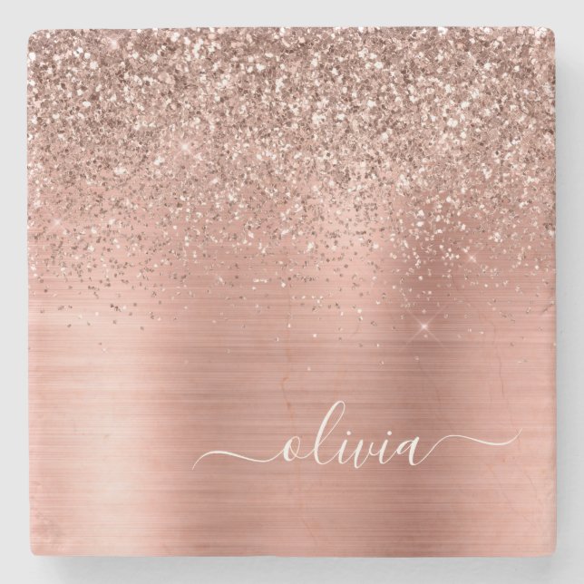 Brushed Metal Rose Gold Pink Glitter Monogram Stone Coaster (Front)