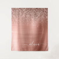 Brushed Metal Rose Gold Pink Glitter Monogram