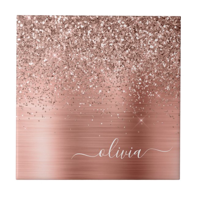 Brushed Metal Rose Gold Pink Glitter Monogram Tile (Front)