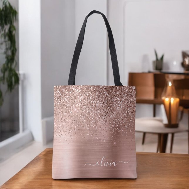 Brushed Metal Rose Gold Pink Glitter Monogram Tote Bag (Creator Uploaded)