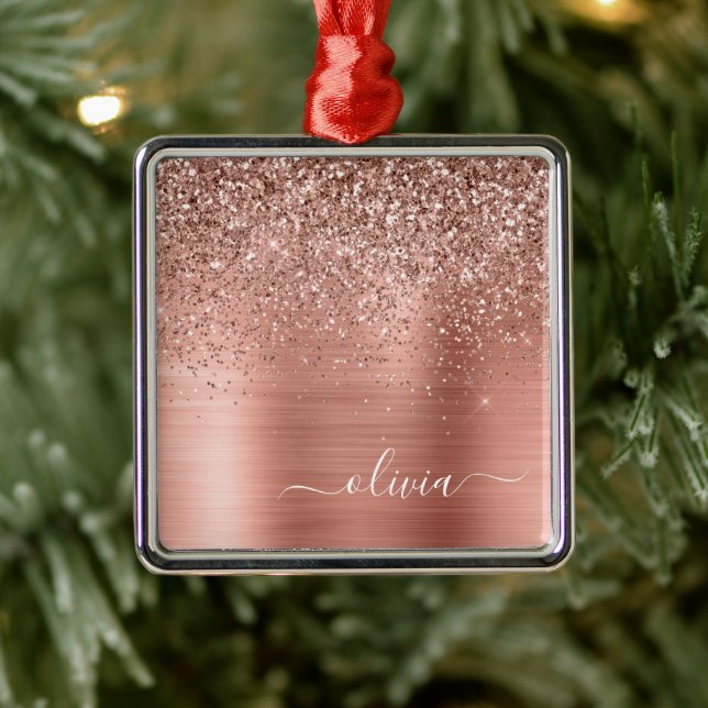 Brushed Metal Rose Gold Pink Glitter Monogram Tree Decoration (Tree)