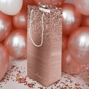 Brushed Metal Rose Gold Pink Glitter Monogram Wine Gift Bag
