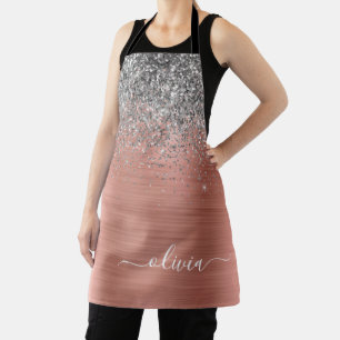 Brushed Metal Rose Gold Silver Glitter Monogram Apron