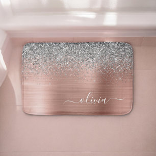 Brushed Metal Rose Gold Silver Glitter Monogram Bath Mat