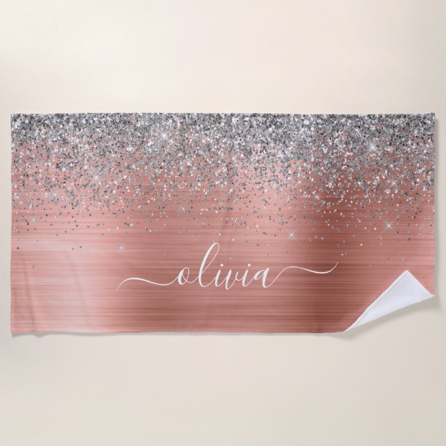 Brushed Metal Rose Gold Silver Glitter Monogram Beach Towel (Front)