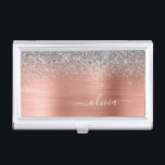 Brushed Metal Rose Gold Silver Glitter Monogram Business Card Holder<br><div class="desc">Rose Gold - Blush Pink and Silver Faux Foil Metallic Sparkle Glitter Brushed Metal Monogram Name Business Card Holder. This makes the perfect sweet 16 birthday,  wedding,  bridal shower,  anniversary,  baby shower or bachelorette party gift for someone that loves glam luxury and chic styles.</div>