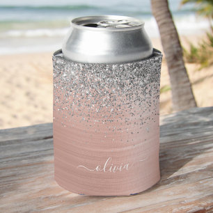 Brushed Metal Rose Gold Silver Glitter Monogram Can Cooler