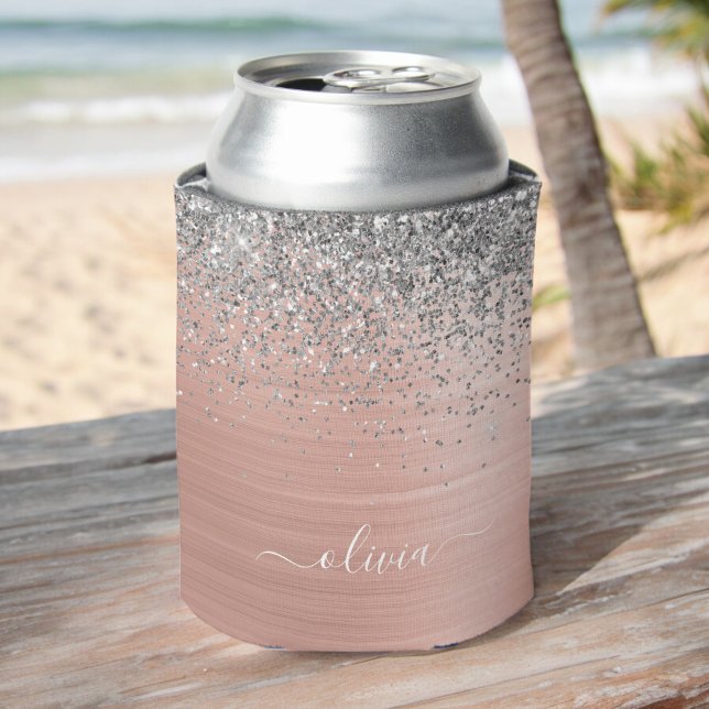 Brushed Metal Rose Gold Silver Glitter Monogram Can Cooler (Creator Uploaded)