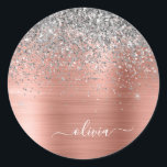 Brushed Metal Rose Gold Silver Glitter Monogram Classic Round Sticker<br><div class="desc">Rose Gold - Blush Pink and Silver Faux Foil Metallic Sparkle Glitter Brushed Metal Monogram Name and Initial Paper Party Sticker Address Labels. This makes the perfect sweet 16 birthday,  wedding,  bridal shower,  anniversary,  baby shower or bachelorette party gift for someone that loves glam luxury and chic styles.</div>