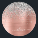 Brushed Metal Rose Gold Silver Glitter Monogram Classic Round Sticker<br><div class="desc">Rose Gold - Blush Pink and Silver Faux Foil Metallic Sparkle Glitter Brushed Metal Monogram Name and Initial Paper Party Sticker Address Labels. This makes the perfect sweet 16 birthday,  wedding,  bridal shower,  anniversary,  baby shower or bachelorette party gift for someone that loves glam luxury and chic styles.</div>