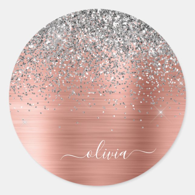 Brushed Metal Rose Gold Silver Glitter Monogram Classic Round Sticker (Front)