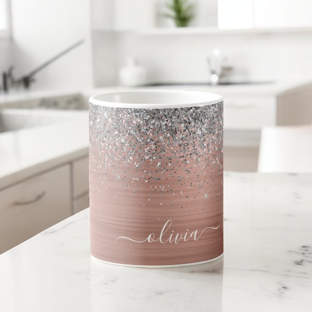 Brushed Metal Rose Gold Silver Glitter Monogram Coffee Mug (Creator Uploaded)