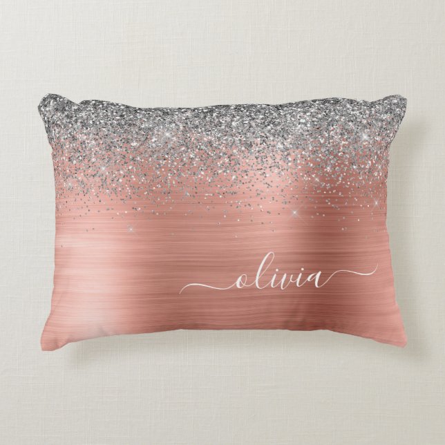 Brushed Metal Rose Gold Silver Glitter Monogram Decorative Cushion (Front)