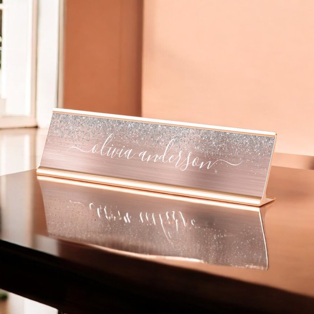 Brushed Metal Rose Gold Silver Glitter Monogram Desk Name Plate (Creator Uploaded)
