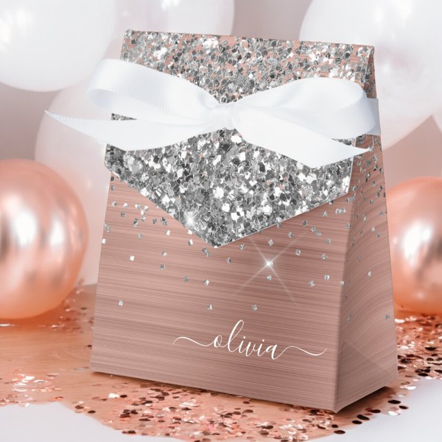 Brushed Metal Rose Gold Silver Glitter Monogram Favour Box (Creator Uploaded)