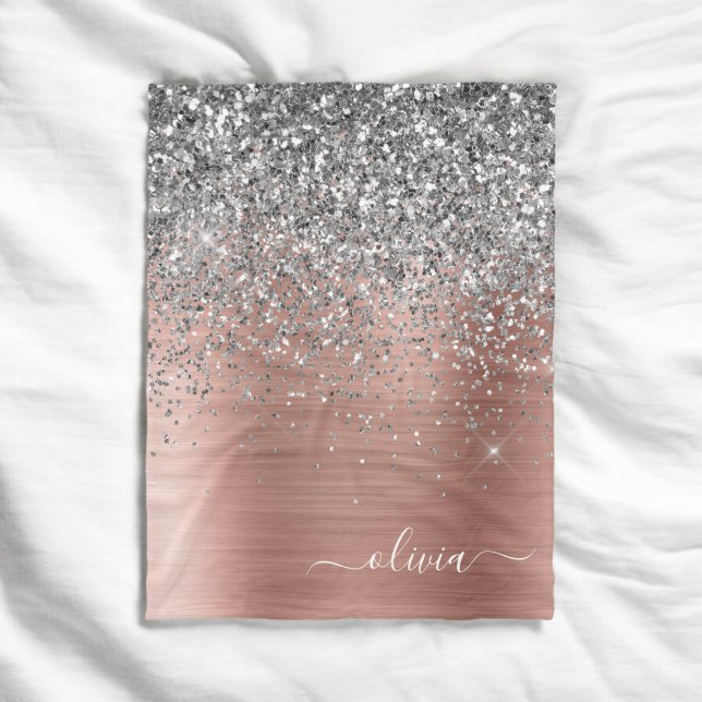Brushed Metal Rose Gold Silver Glitter Monogram Fleece Blanket (Creator Uploaded)