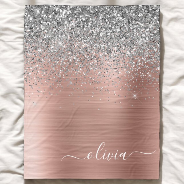 Brushed Metal Rose Gold Silver Glitter Monogram Fleece Blanket (Creator Uploaded)
