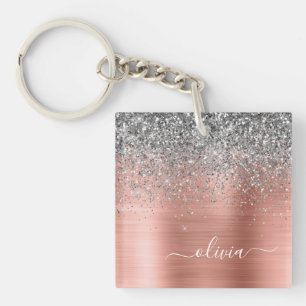 Brushed Metal Rose Gold Silver Glitter Monogram Key Ring