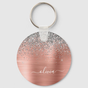 Brushed Metal Rose Gold Silver Glitter Monogram Key Ring