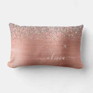 Brushed Metal Rose Gold Silver Glitter Monogram Lumbar Cushion