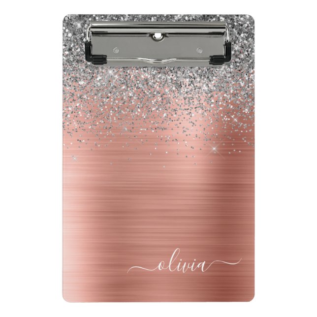 Brushed Metal Rose Gold Silver Glitter Monogram Mini Clipboard (Front)