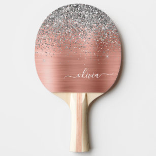Brushed Metal Rose Gold Silver Glitter Monogram Ping Pong Paddle