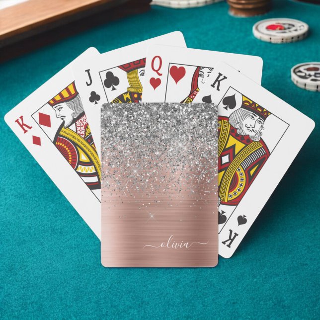 Brushed Metal Rose Gold Silver Glitter Monogram Playing Cards (Creator Uploaded)