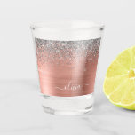 Brushed Metal Rose Gold Silver Glitter Monogram Shot Glass<br><div class="desc">Rose Gold - Blush Pink and Silver Faux Foil Metallic Sparkle Glitter Brushed Metal Monogram Name Shot Glass. This makes the perfect graduation,  sweet 16 birthday,  wedding,  bachelorette party,  bridal shower,  anniversary,  baby shower or bachelorette party gift for someone that loves glam luxury and chic styles.</div>