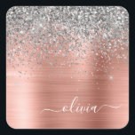Brushed Metal Rose Gold Silver Glitter Monogram Square Sticker<br><div class="desc">Rose Gold - Blush Pink and Silver Faux Foil Metallic Sparkle Glitter Brushed Metal Monogram Name and Initial Paper Party Sticker Address Labels. This makes the perfect sweet 16 birthday,  wedding,  bridal shower,  anniversary,  baby shower or bachelorette party gift for someone that loves glam luxury and chic styles.</div>