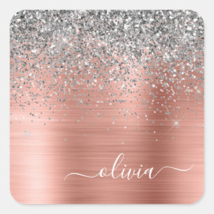 Brushed Metal Rose Gold Silver Glitter Monogram Square Sticker