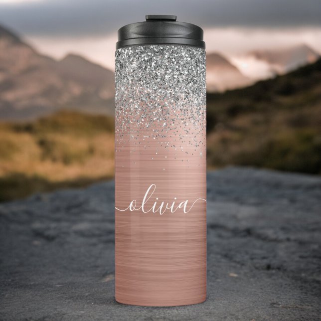 Brushed Metal Rose Gold Silver Glitter Monogram Thermal Tumbler (Creator Uploaded)