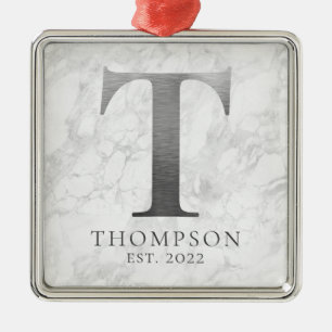 Brushed Metal Silver Monogram T Marble Tree Decoration