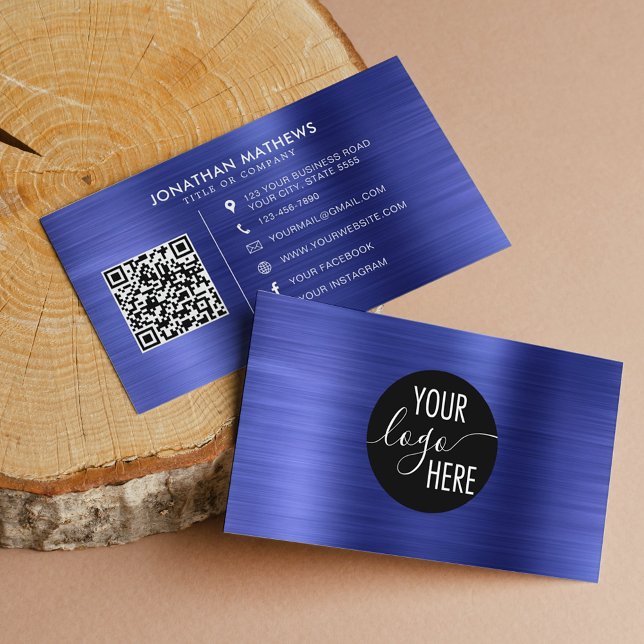 Brushed Metallic Blue Company Logo QR Code Business Card (Creator Uploaded)
