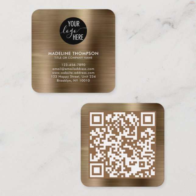 Brushed Metallic Gold Company Logo QR Code Square Business Card (Front/Back)