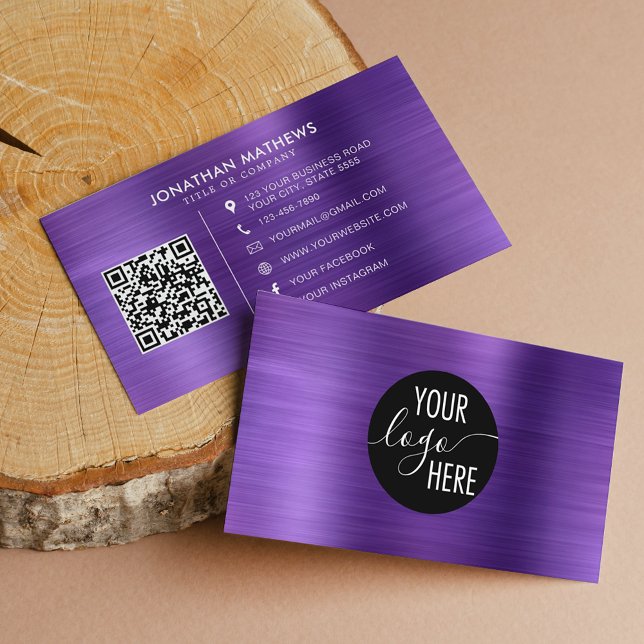 Brushed Metallic Purple Company Logo QR Code Business Card (Creator Uploaded)