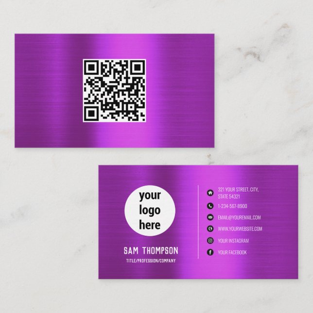 Brushed Metallic Purple QR Code Business Logo Business Card (Front/Back)
