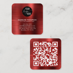 Brushed Metallic Red Company Logo QR Code Square Business Card