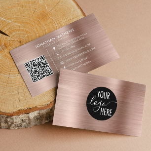 Brushed Metallic Rose Gold Company Logo QR Code Business Card