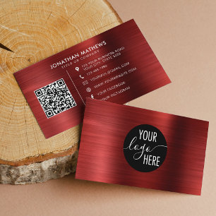 Brushed Metallic Ruby Red Company Logo QR Code Business Card