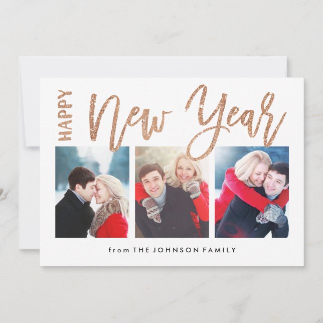 Brushed New Year Faux Gold Glitter 3 Photo Card (Front)