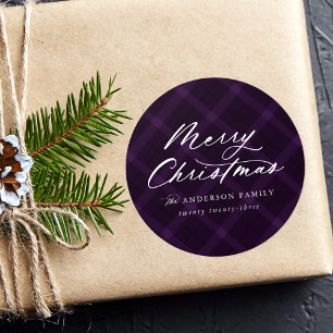 Brushed Purple Plaid Merry Christmas Classic Round Sticker