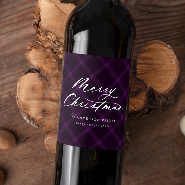 Brushed Purple Plaid Merry Christmas Wine Label (Creator Uploaded)