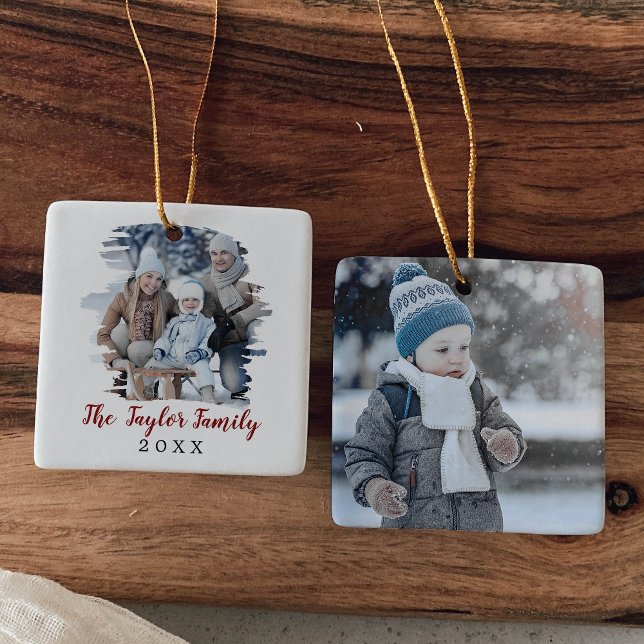 Brushed Red Christmas Yearly Family Photo Ceramic Ornament (Creator Uploaded)