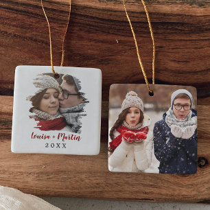 Brushed Red Couples Keepsake Photo Ceramic Ornament