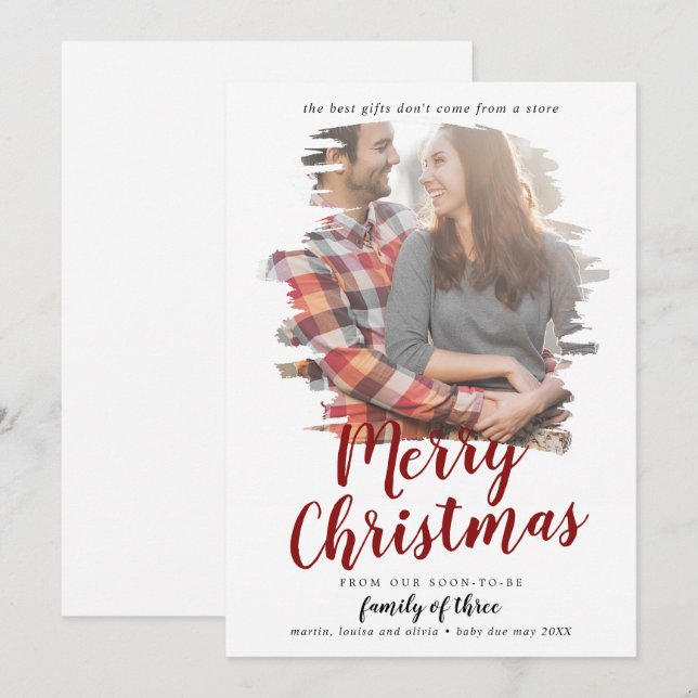 Brushed Red Family of Three Pregnancy Photo Holiday Card (Front/Back)